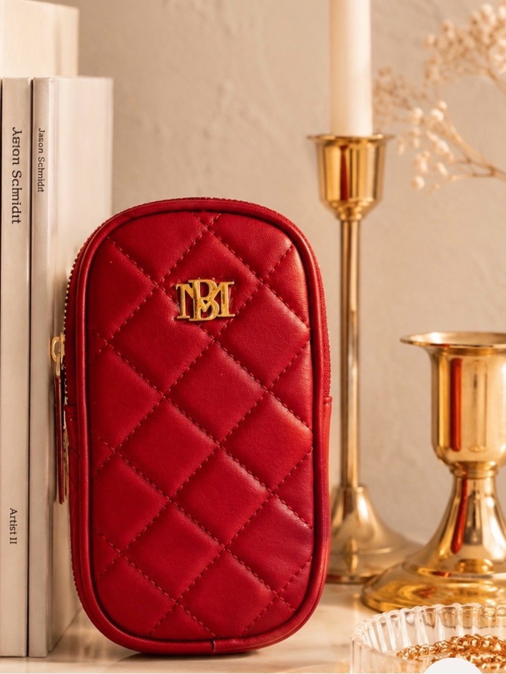 Badgley Mischka NWT Quilted Red Crossbody Bag with Gold Monogram